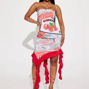 Cherry Print Strapless Red & Cream Dress